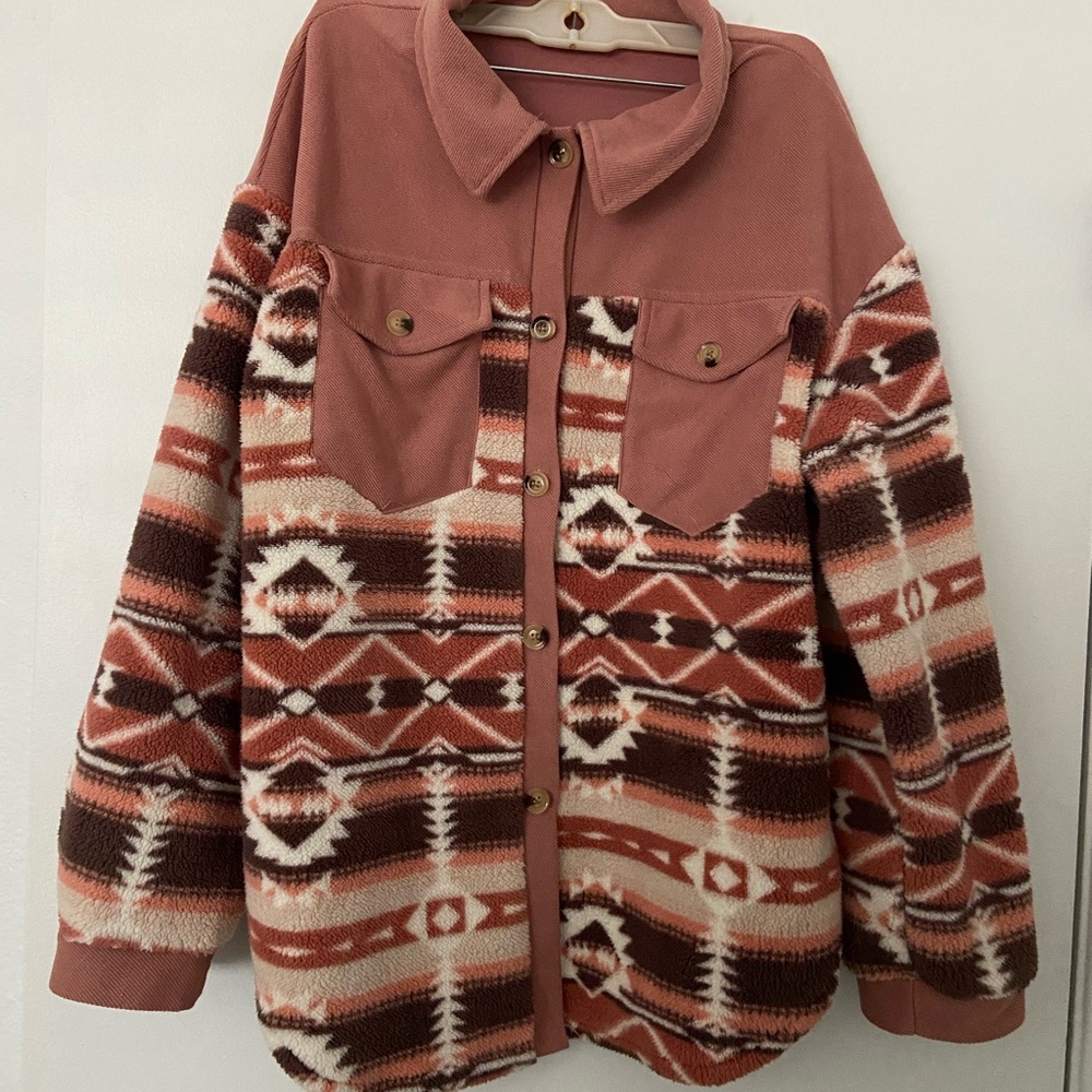 SHEIN Rust & Cream Aztec Teddy Sherpa Jacket